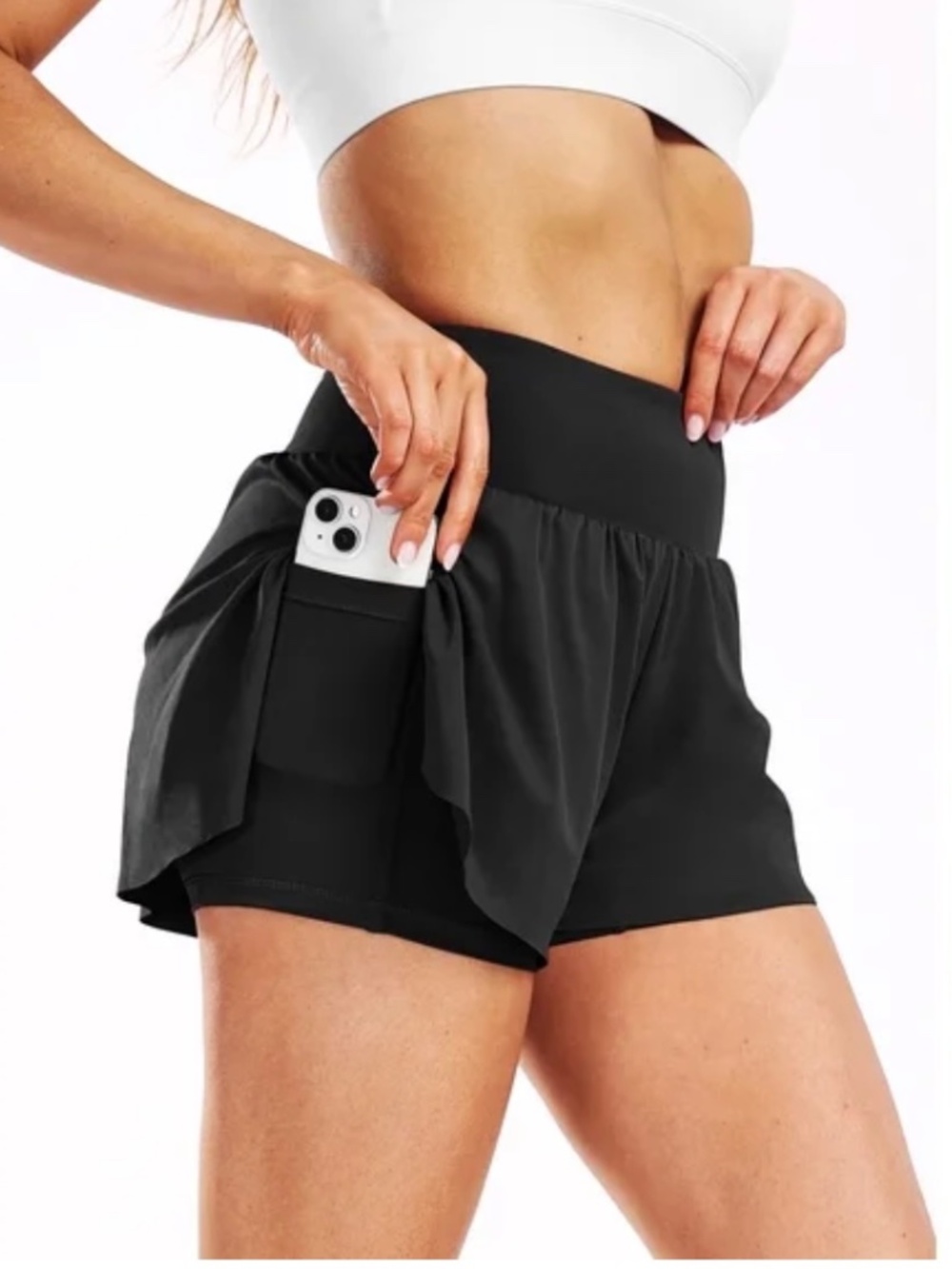 *NWT* CADMUS Black Women's Athletic Shorts w biker shorts liner / phone pockets